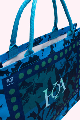 XL Canvas Tote Bag - Hibiscus Quartet (Deep Lagoon)
