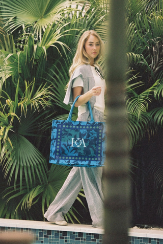 XL Canvas Tote Bag - Hibiscus Quartet (Deep Lagoon)