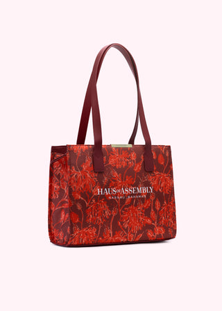 Valentine's Day Gift Set - Japanese Hibiscus Medium Tote + Wallet+ Potcake Keychain (Radiant Red)