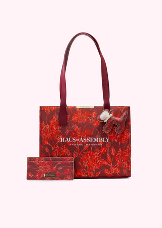 Valentine's Day Gift Set - Japanese Hibiscus Medium Tote + Wallet+ Potcake Keychain (Radiant Red)