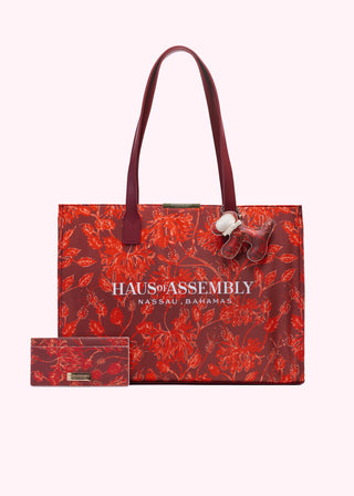 Valentine's Day Gift Set - Japanese Hibiscus XL PM Tote + Wallet + Potcake Keychain (Radiant Red)